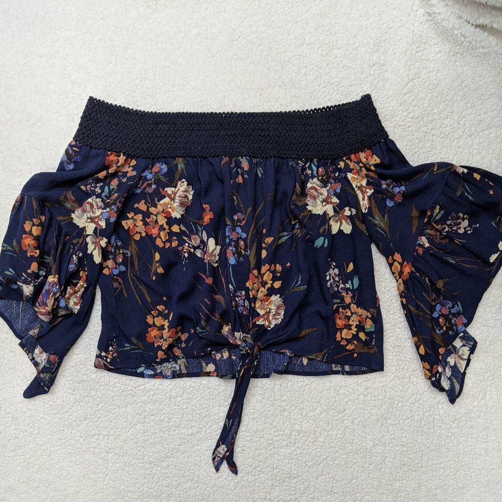 Womens Off Shoulder Crochet Blue Floral Tie Front